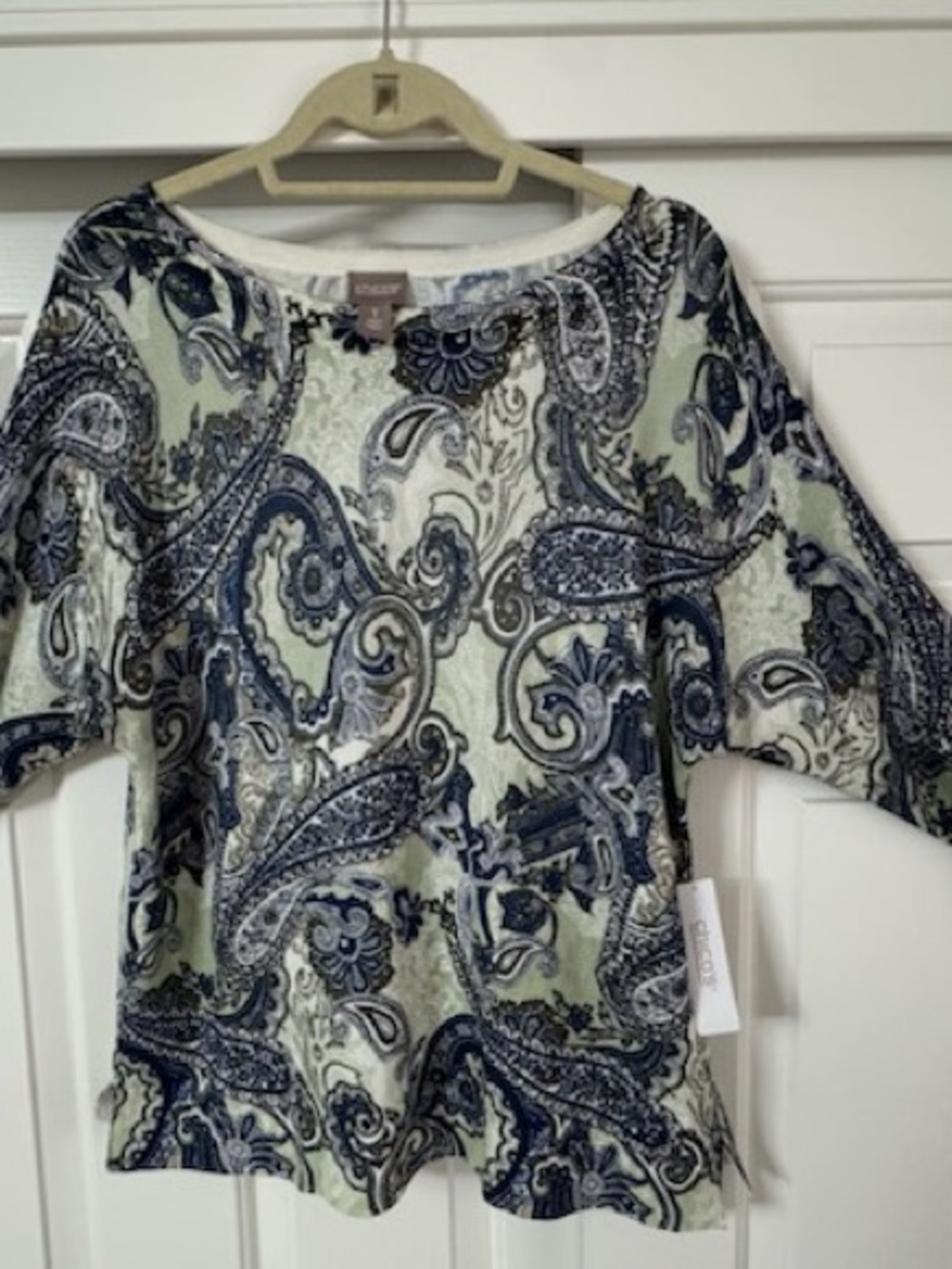 Chico's Paisley Scoop Neck Short Sleeve Top - Navy & Olive
